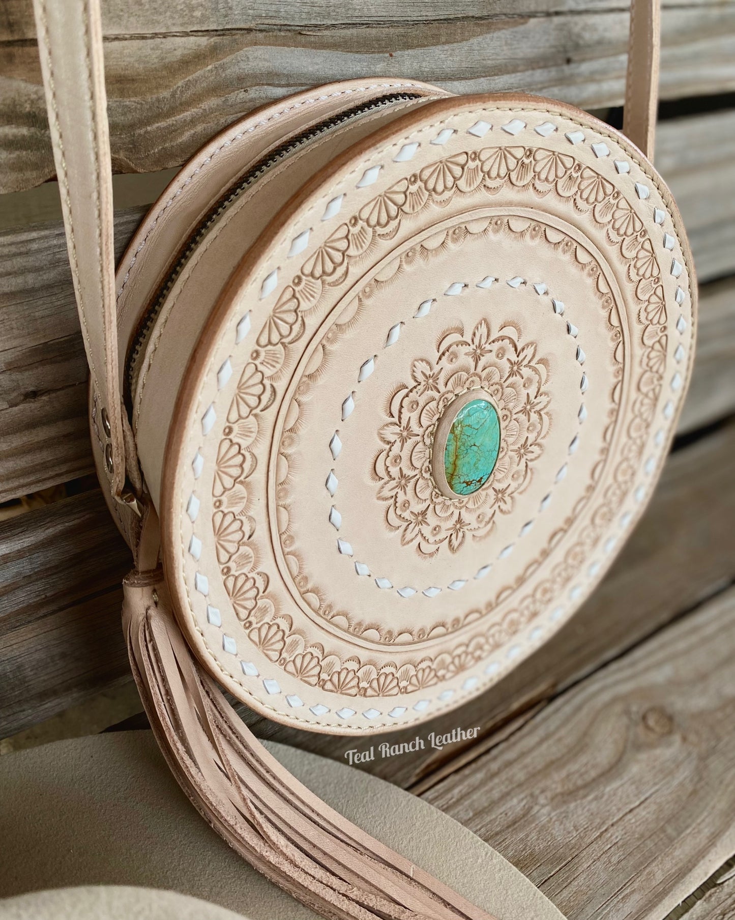 Leather and turquoise round purse- light leather