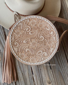 Tooled leather round purse- light leather