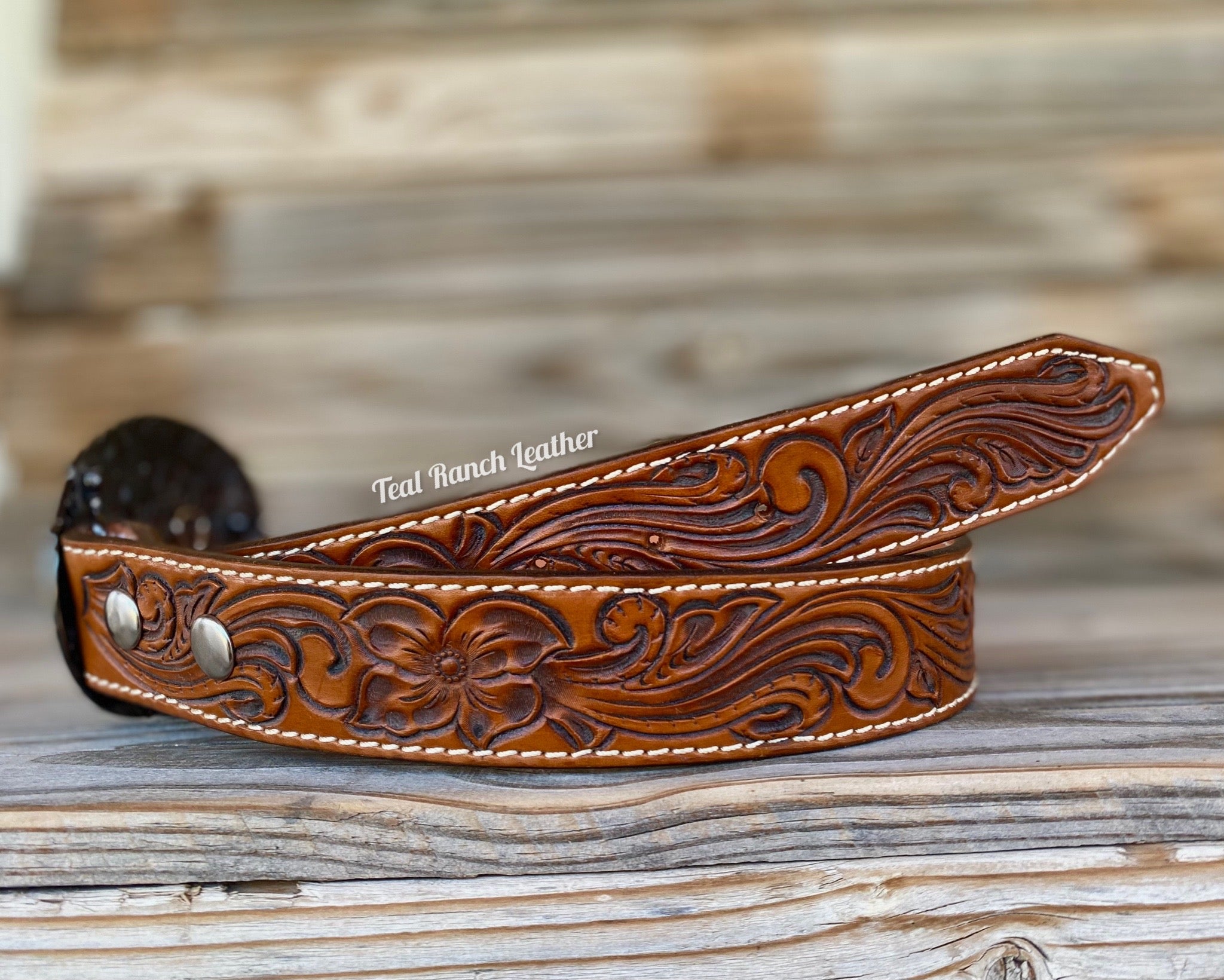 Floral Tooled Leather Belt - TwoTone Brown Leaf Pattern