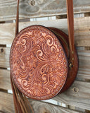 Tooled leather round purse - floral tooling