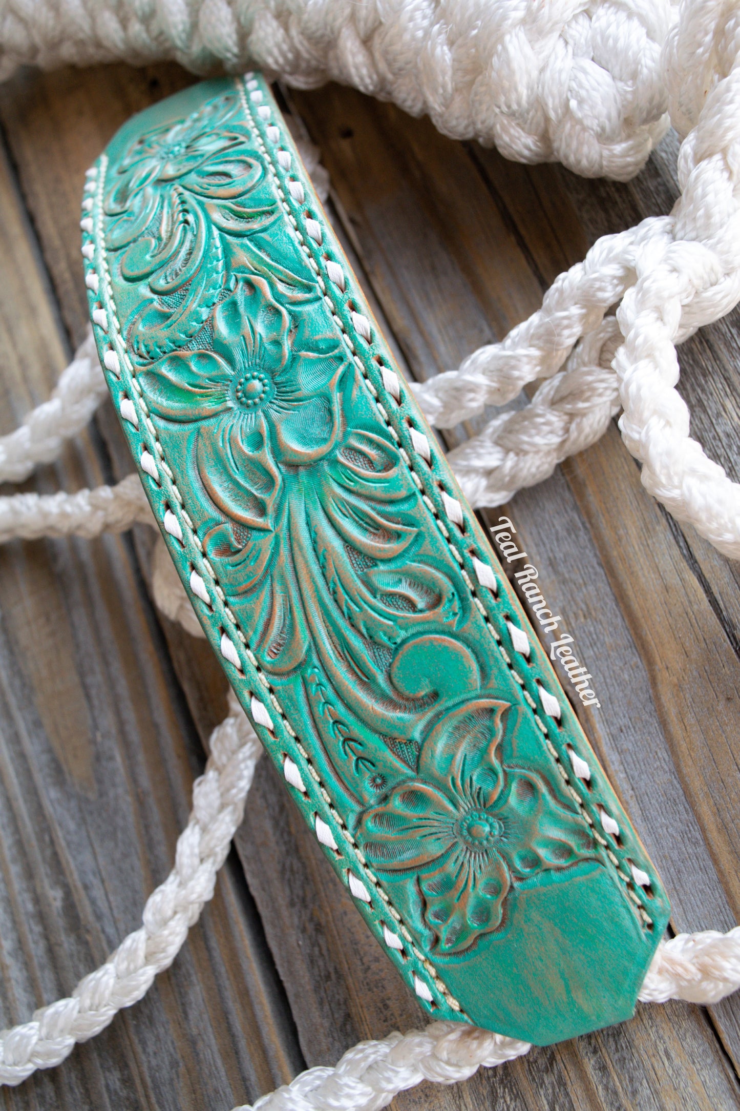 Tooled leather mule tape halter- distressed turquoise