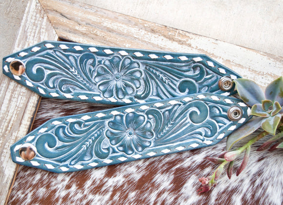 Tooled leather cuffs- teal and white