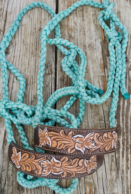Tooled mule tape halters- light teal
