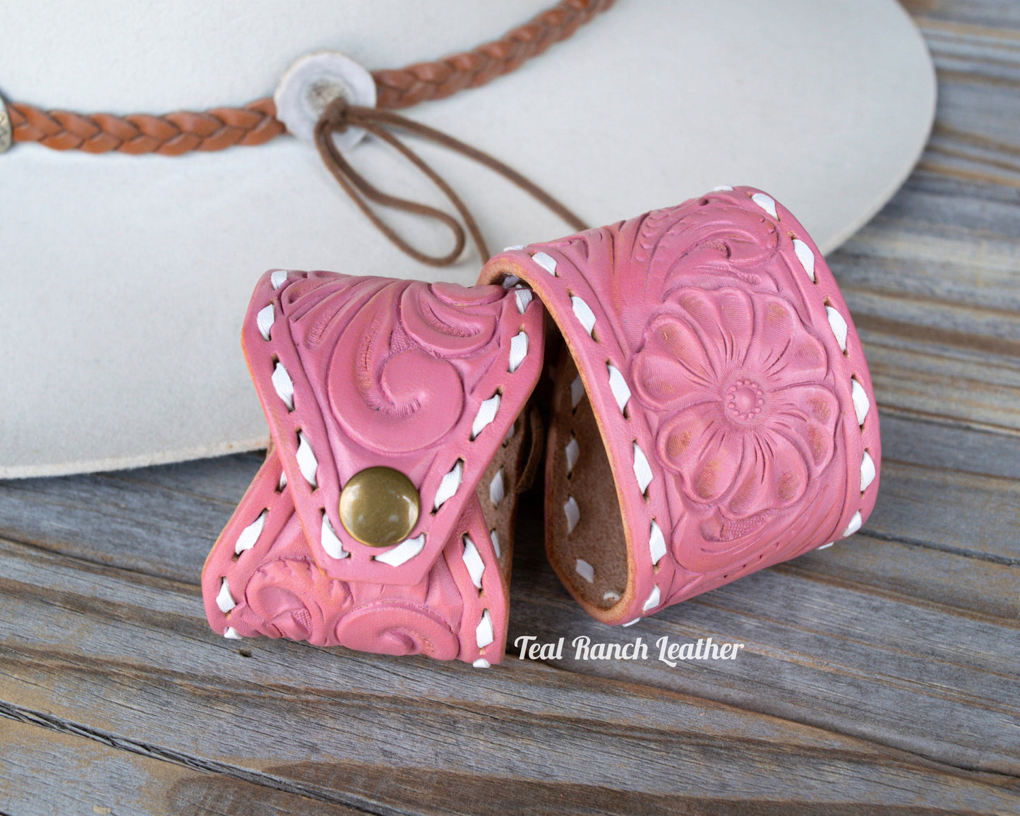 Tooled leather cuffs - Antique pink