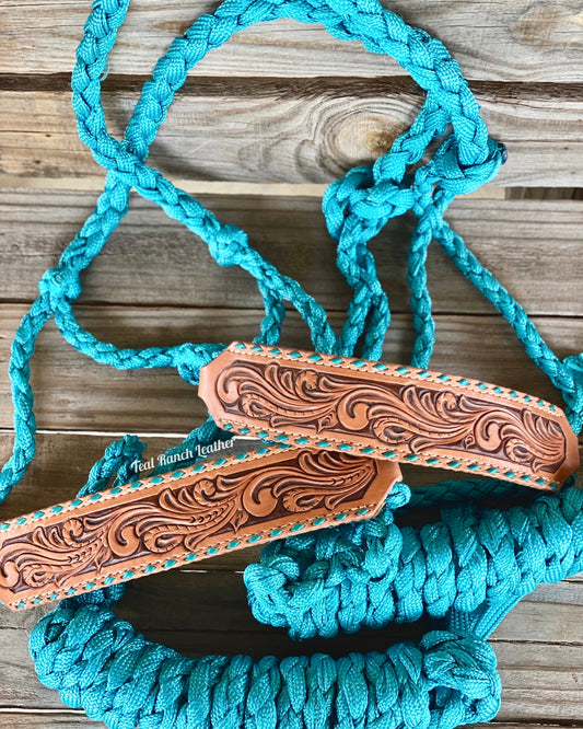 Tooled leather mule tape halter