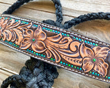 Tooled leather mule tape halter with turquoise dots