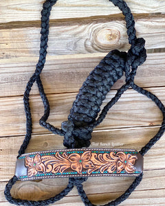 Tooled leather mule tape halter with turquoise dots
