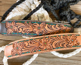 Tooled leather mule tape halter with turquoise dots