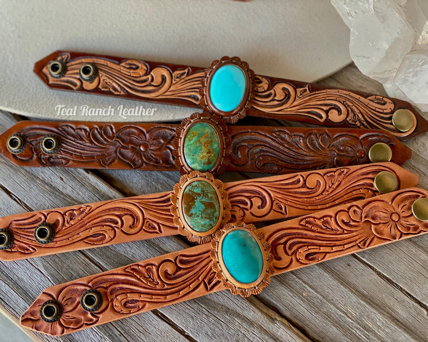 Tooled leather and turquoise cuffs