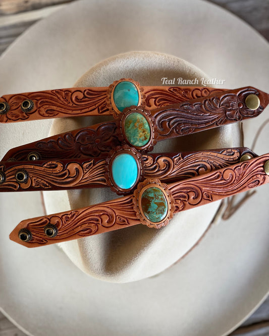 Tooled leather and turquoise cuffs