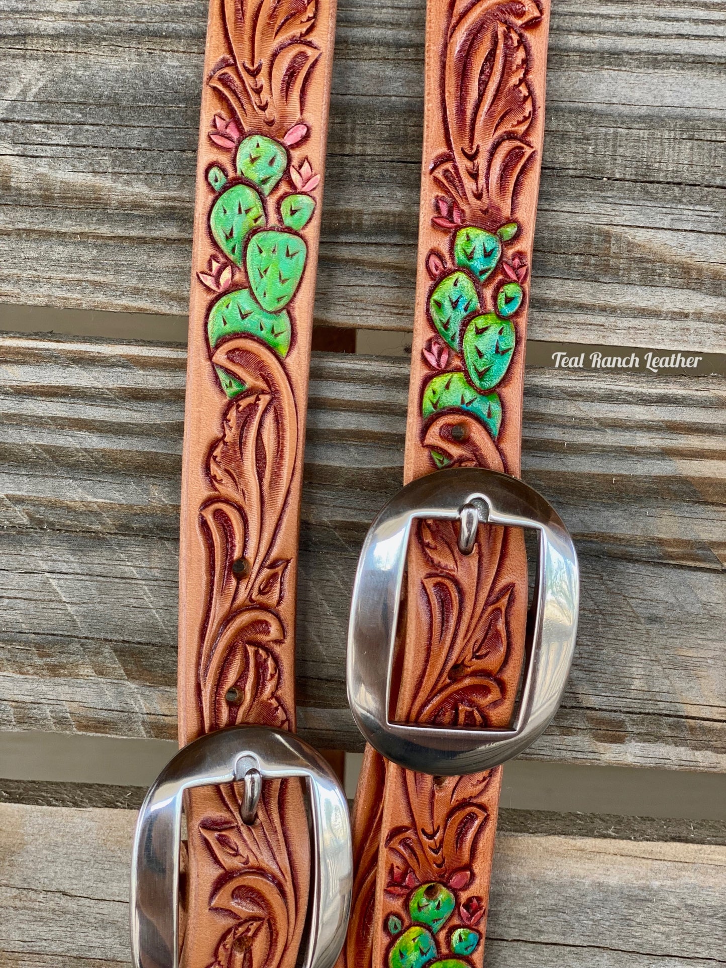 Tooled leather headstall with cactus
